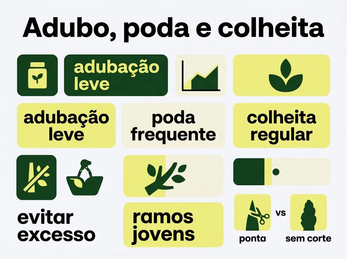 Infográfico em etapas mostrando quando fazer adubação leve, poda frequente e colheita regular na erva-cidreira em vaso