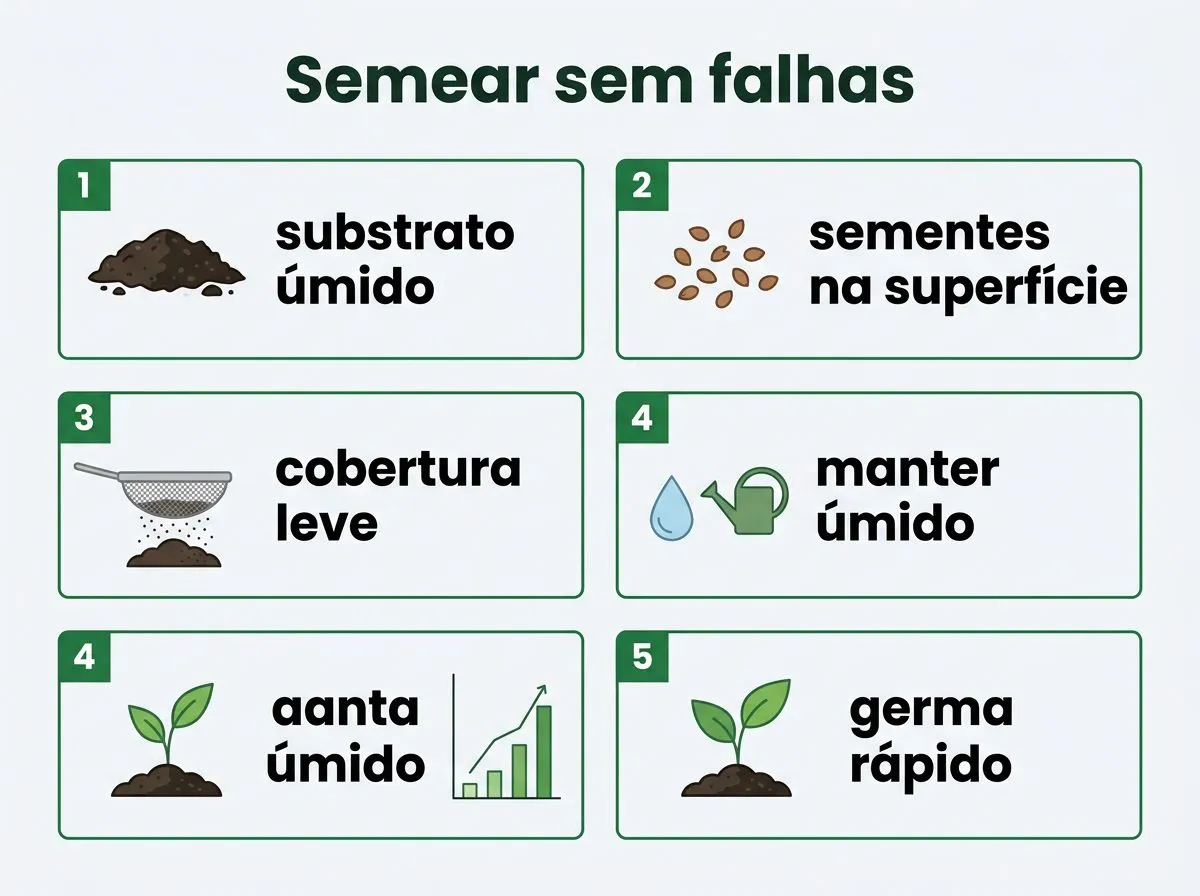 Diagrama com etapas do plantio do agrião em vaso: substrato úmido, sementes na superfície e cobertura leve, com manutenção da umidade.