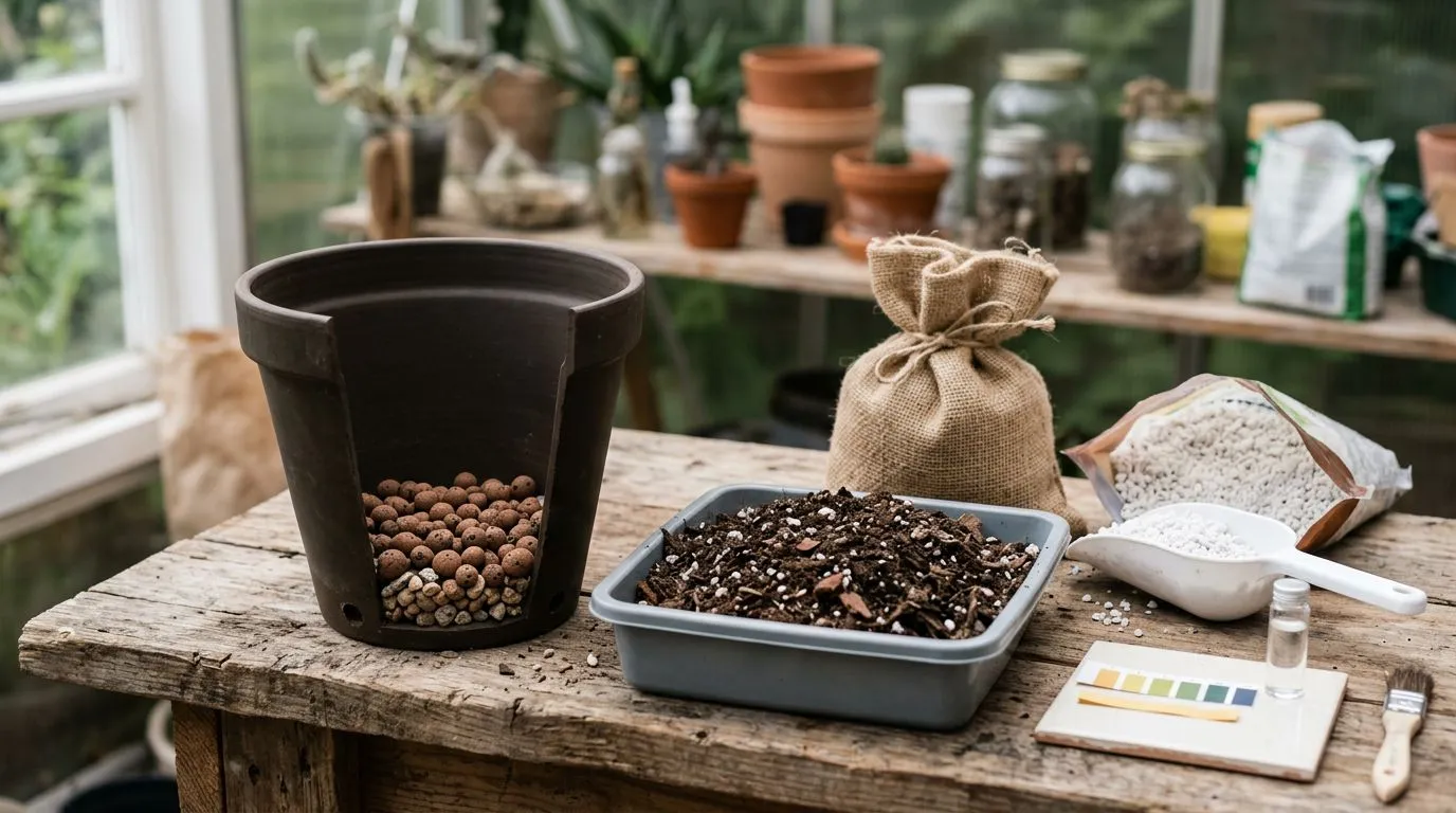 Vaso fundo com drenagem e substrato arejado para plantar alho-poró em cultivo doméstico.