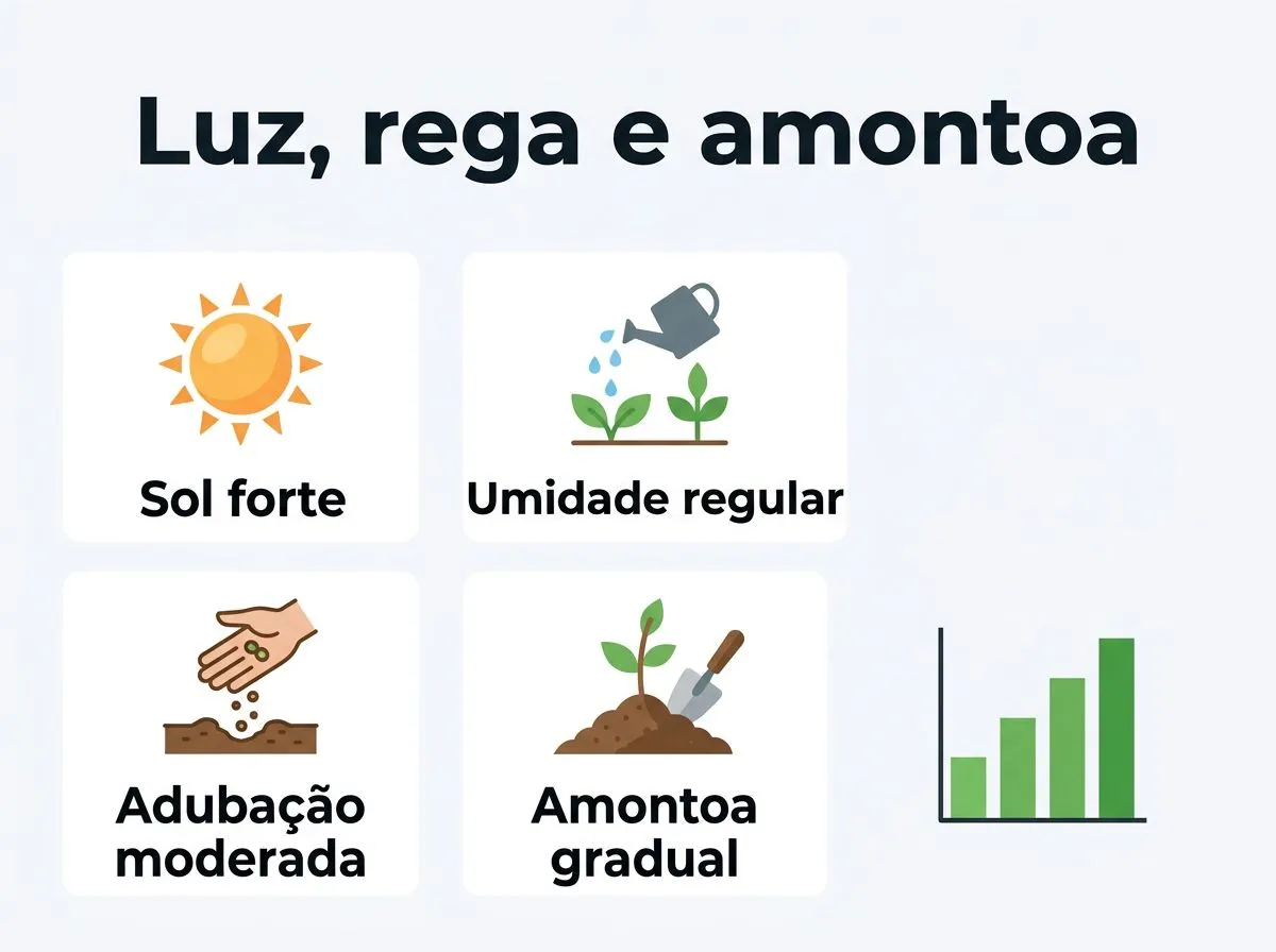 Infográfico com ícones e orientação visual de luz, rega, adubação e amontoa para alho-poró em vaso.