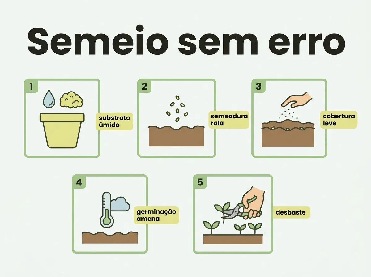 Infográfico ilustrando passos de semeadura de endro em vaso, com foco em umidade, cobertura leve e desbaste