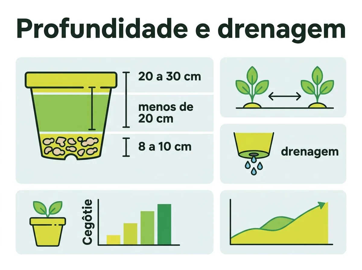 Diagrama em corte do vaso mostrando profundidade útil, drenagem e espaçamento entre plantas de nabo.