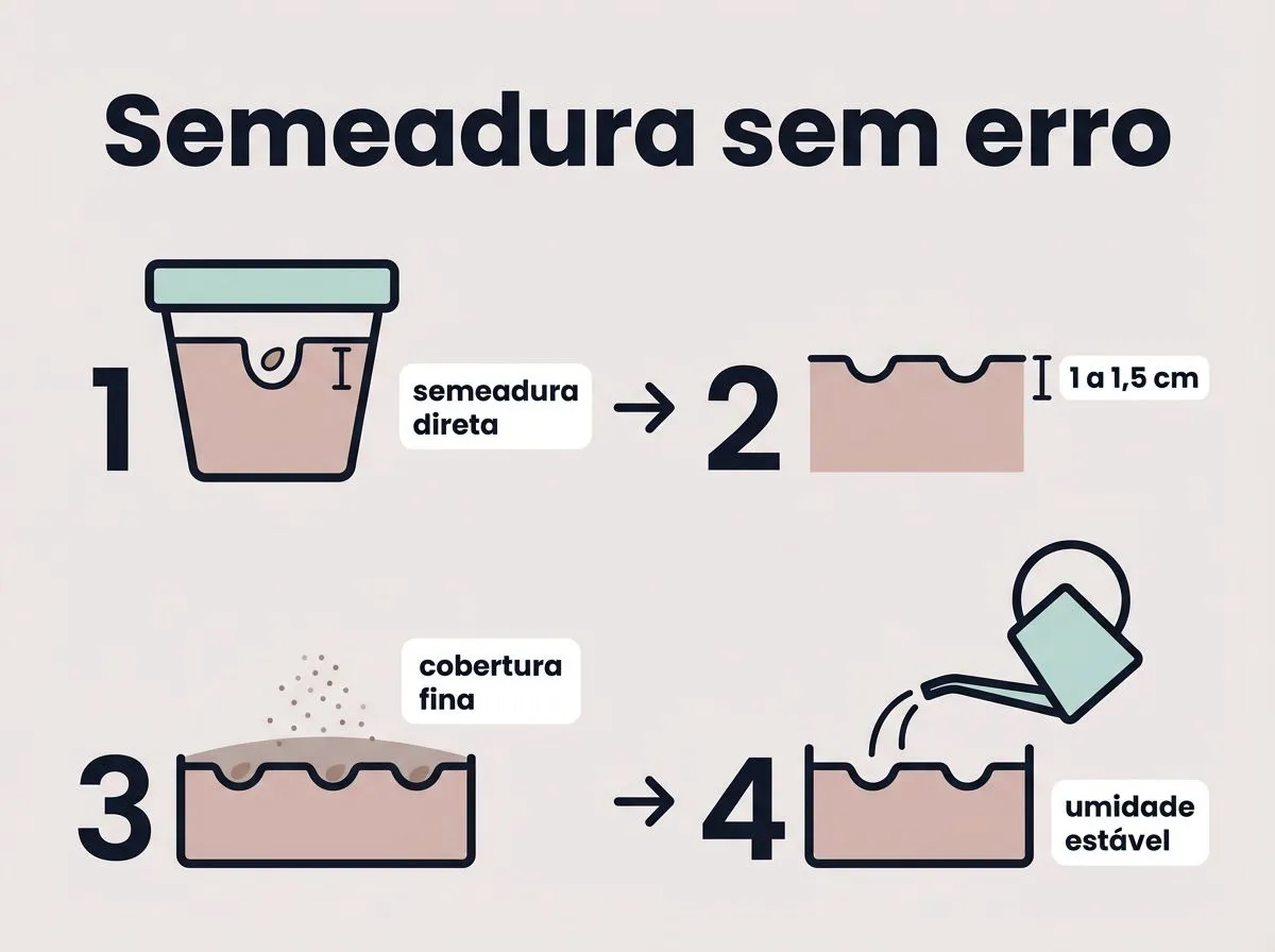 Passo a passo ilustrado para semear nabo em vaso com profundidade rasa e manter umidade adequada.