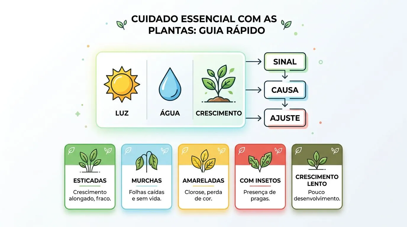 Infográfico com sinais de excesso ou falta de luz, água e adubação na manjerona em vaso