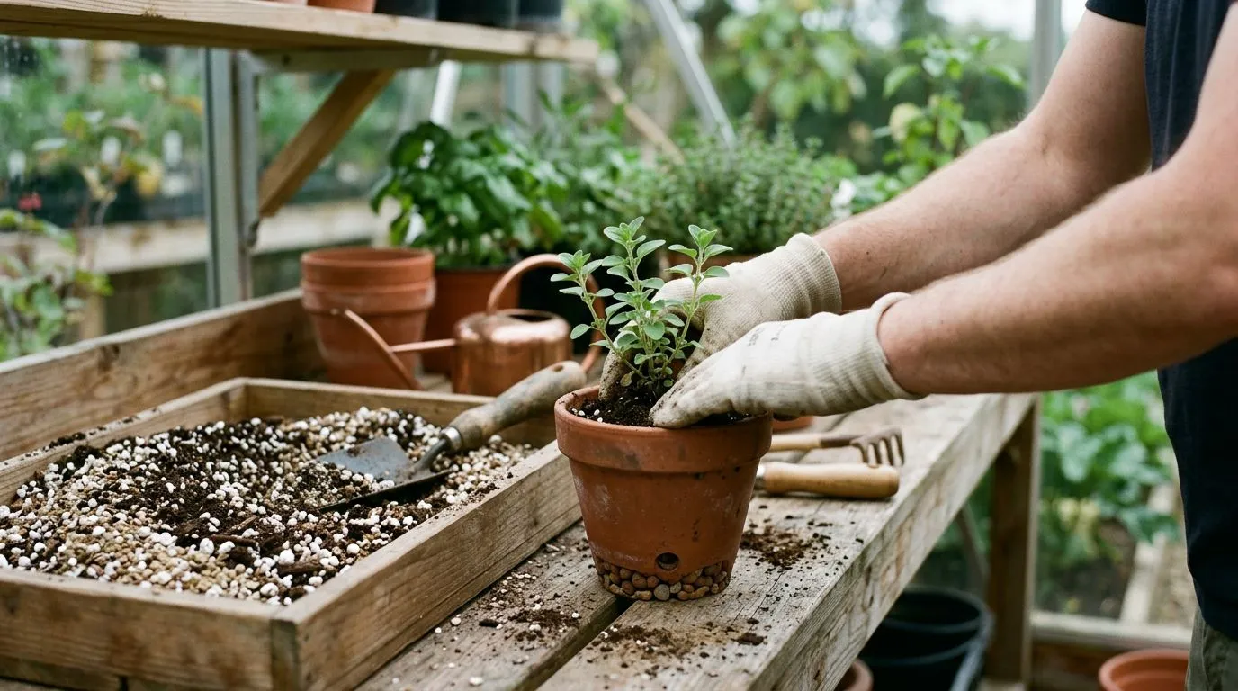 Preparando substrato drenante e plantando manjerona em vaso