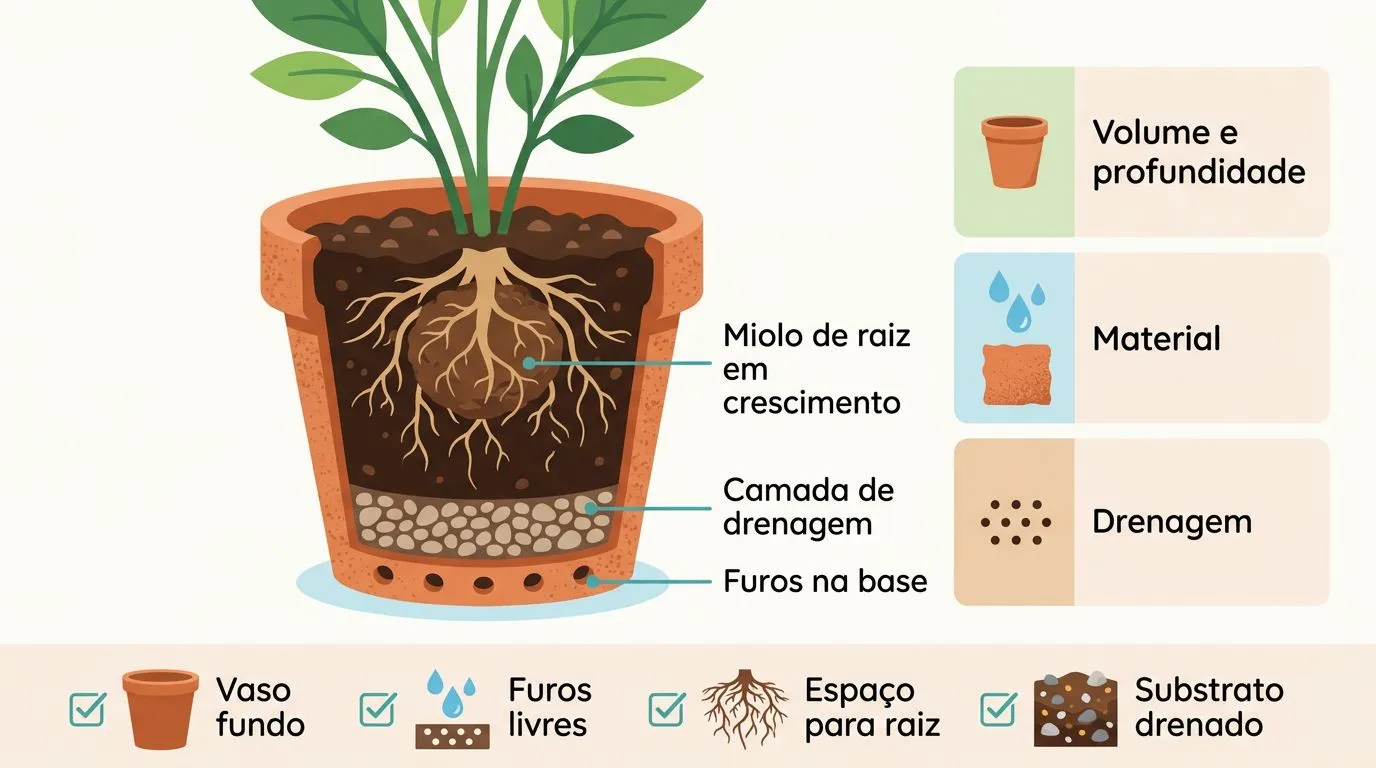 Infográfico ilustrando vaso fundo, furos na base e drenagem para o cultivo de quiabo em recipiente.