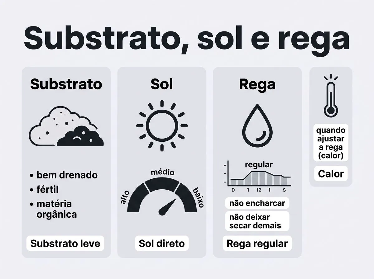 Infográfico mostrando como ajustar substrato, sol e rega para o pegamento do quiabo em vaso.