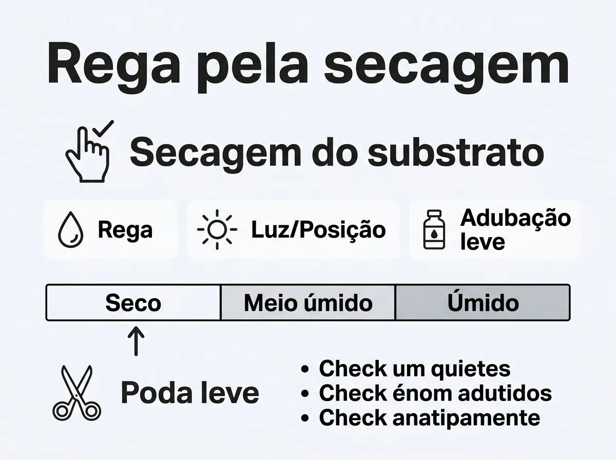 Infográfico com orientação de rega por secagem do substrato, adubação leve e poda para manter o tomilho compacto.