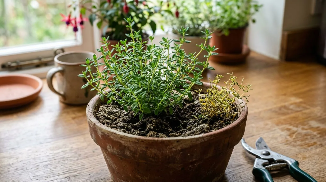 Tomilho no vaso com tesoura de poda e ramos para colheita, sugerindo manutenção quando a planta seca.