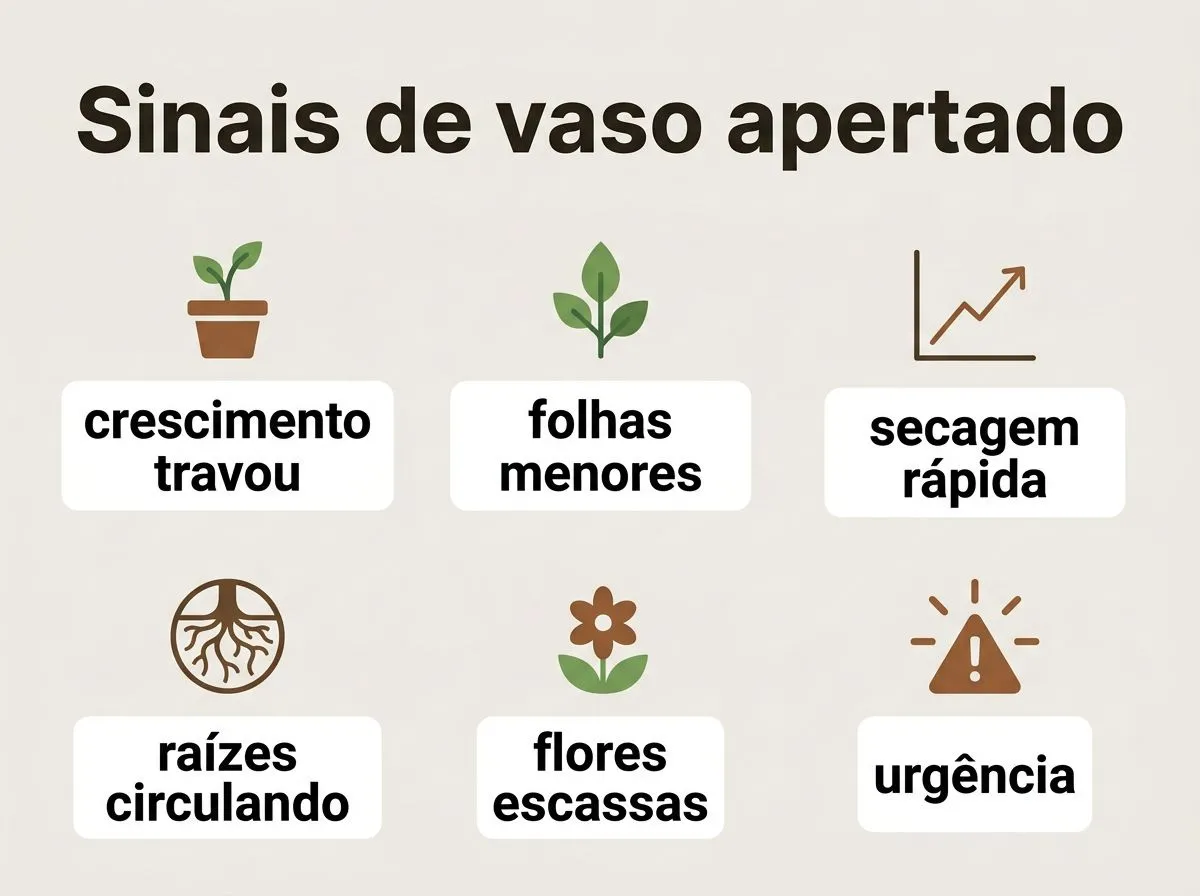 Infográfico com sinais de que a planta está apertada no vaso e como isso se relaciona com a urgência de ação