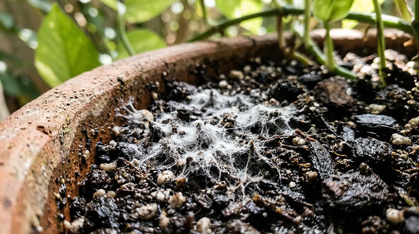Penugem branca irregular sobre a terra do vaso, com substrato úmido ao redor, vista de perto.