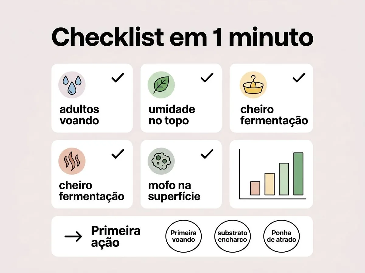 Infográfico em passos curtos para decidir o que fazer primeiro ao ver mosquitinhos no vaso.