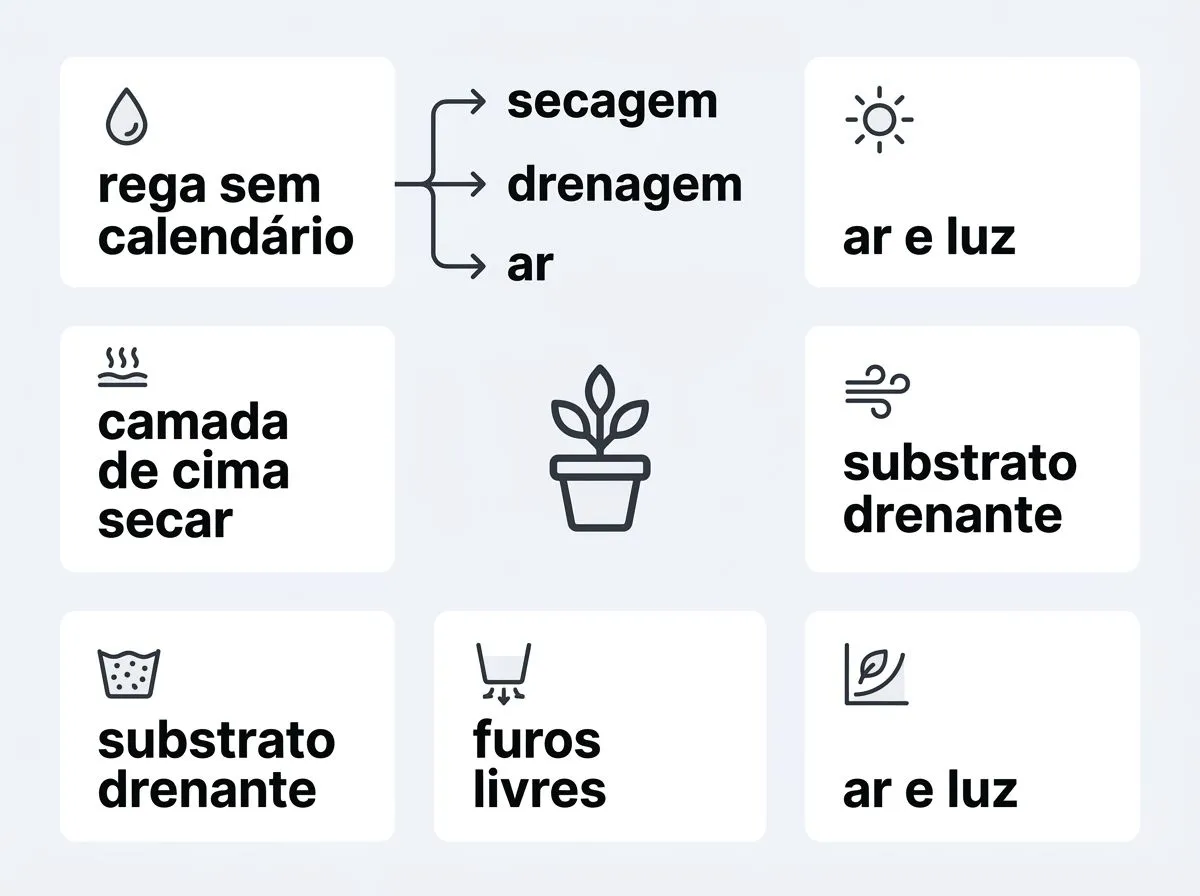 Infográfico com passos para evitar que o mofo branco volte na terra do vaso, destacando rega, secagem e drenagem.