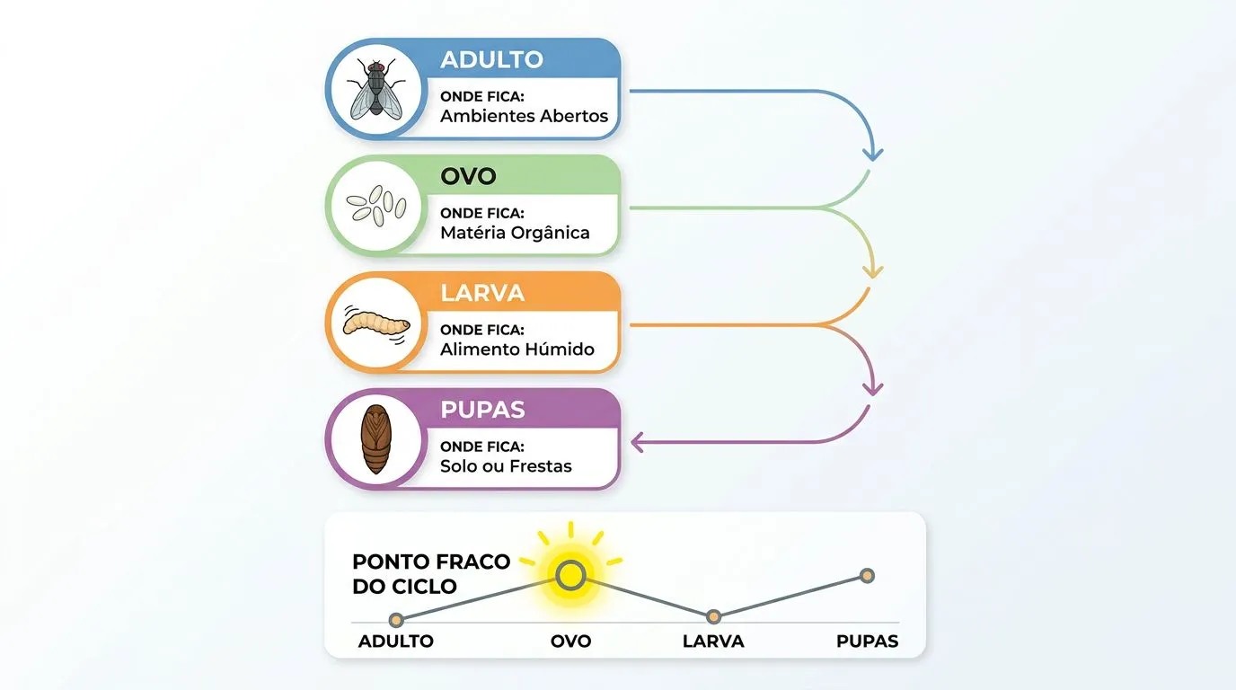 Comparativo visual do ciclo dos mosquitinhos no vaso e onde o controle costuma ter mais efeito.