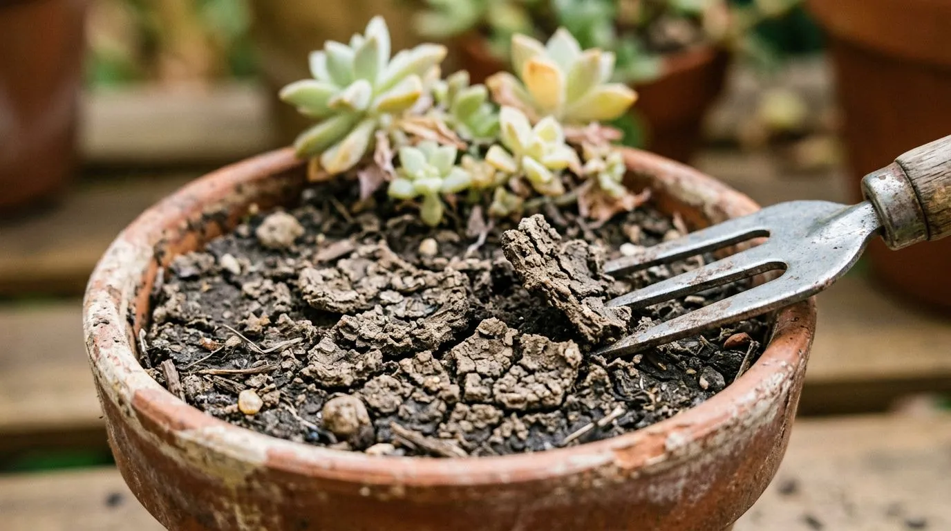 Detalhe da superfície rachada e endurecida do substrato no vaso, evidenciando compactação.