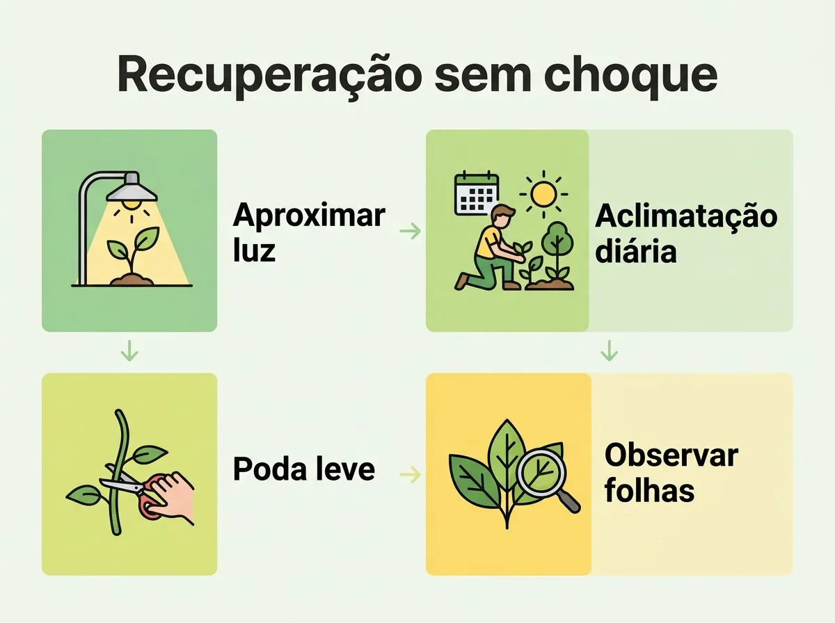 Infográfico com passos para recuperar planta estiolada com aproximação gradual da luz e observação de folhas.