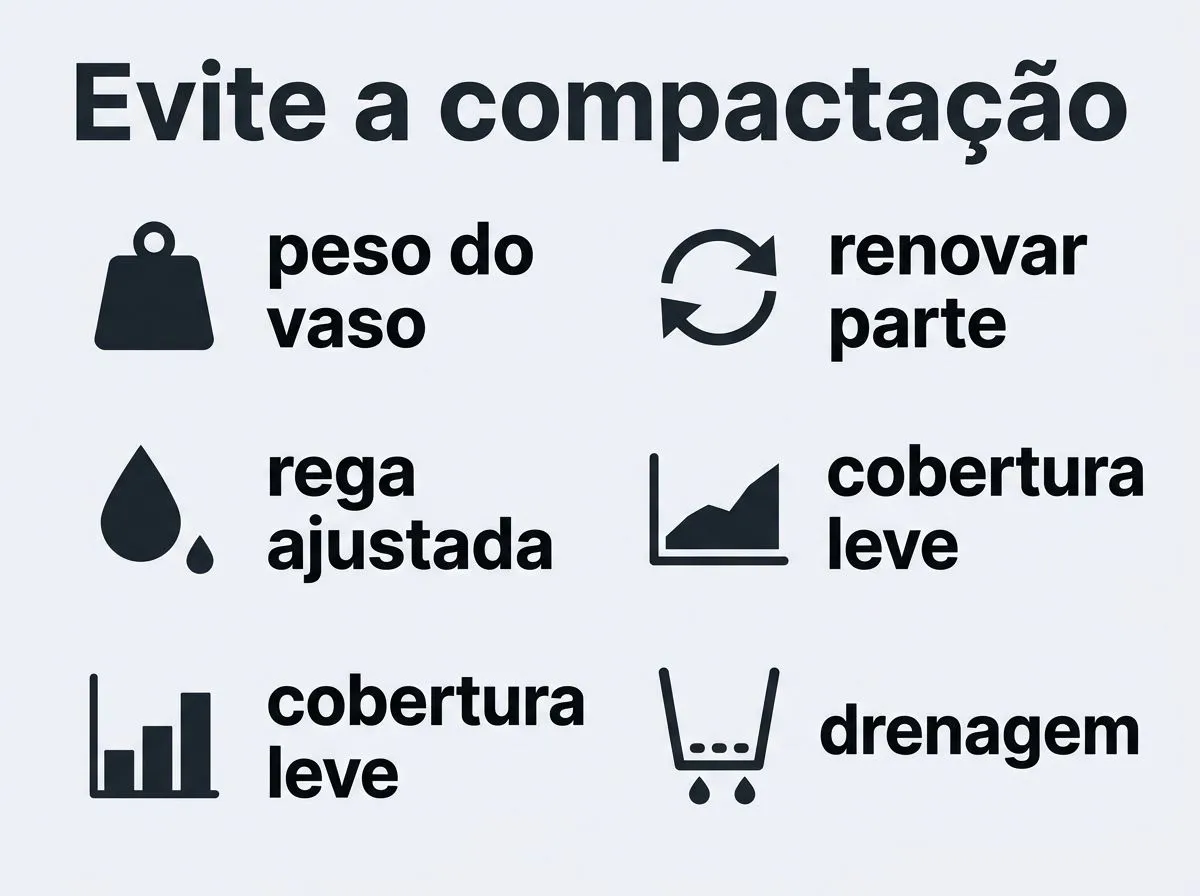 Infográfico com ações para evitar que o substrato do vaso volte a compactar, incluindo ajuste de rega pelo peso, renovação parcial e cobertura morta leve.