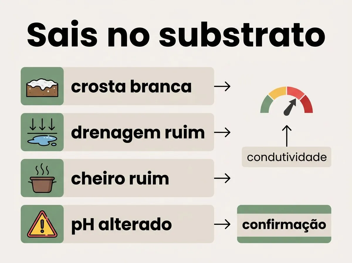 Diagrama com sinais para confirmar acúmulo de sais no substrato: crosta branca, drenagem ruim, cheiro desagradável e pH alterado, com referência à condutividade.