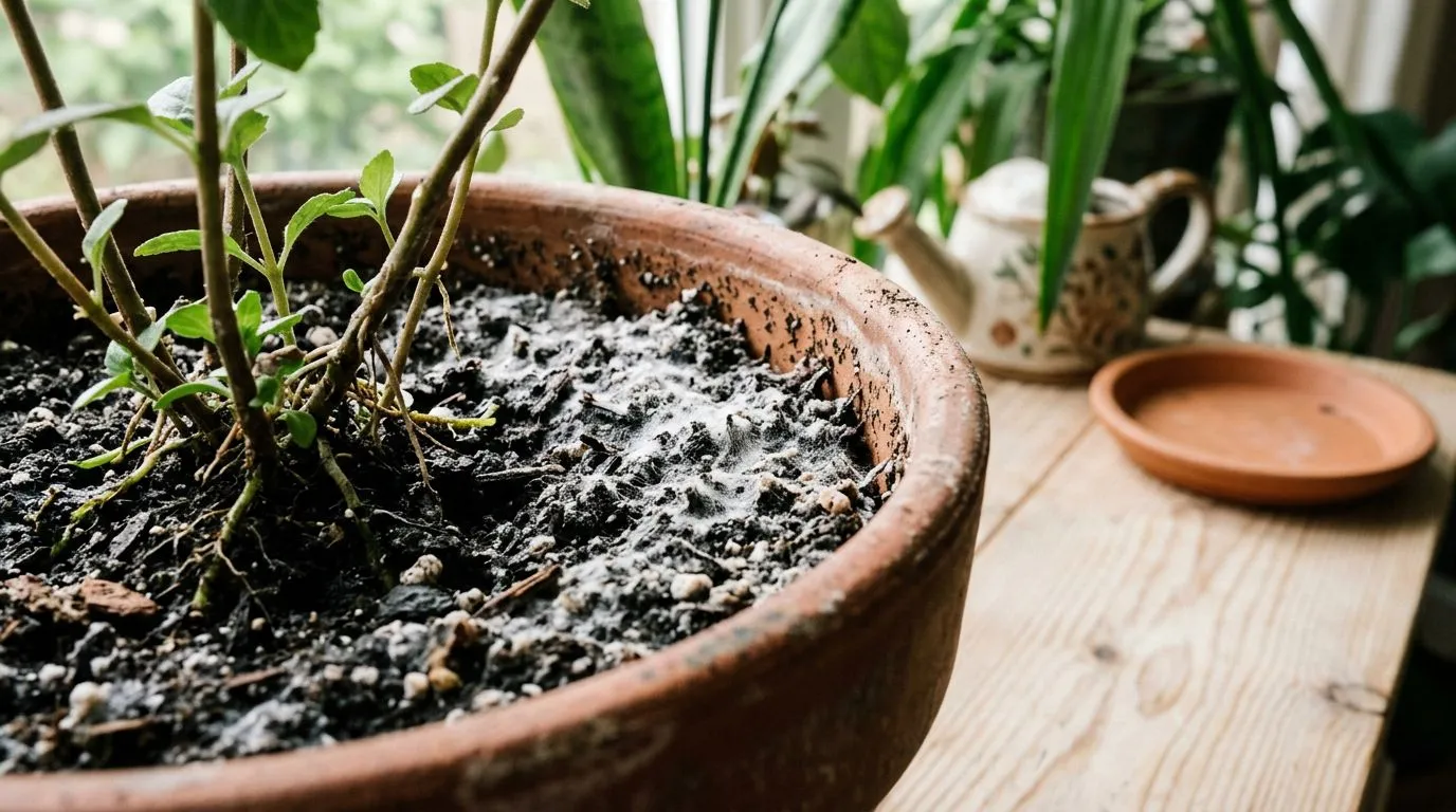 Crosta branca na terra do vaso: como identificar a causa e corrigir do jeito certo