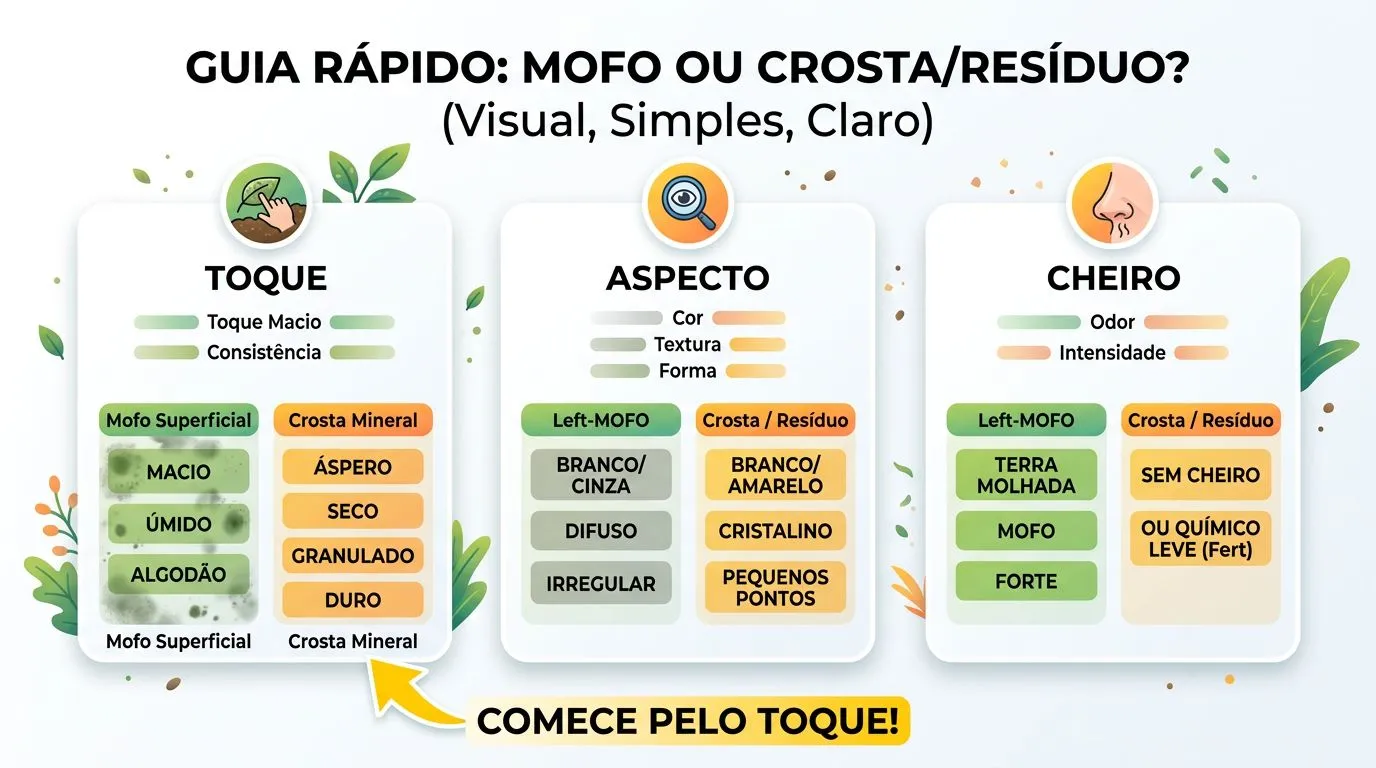Infográfico comparando mofo superficial e crosta mineral ou resíduo de fertilizante na terra do vaso, com sinais de textura e cheiro.