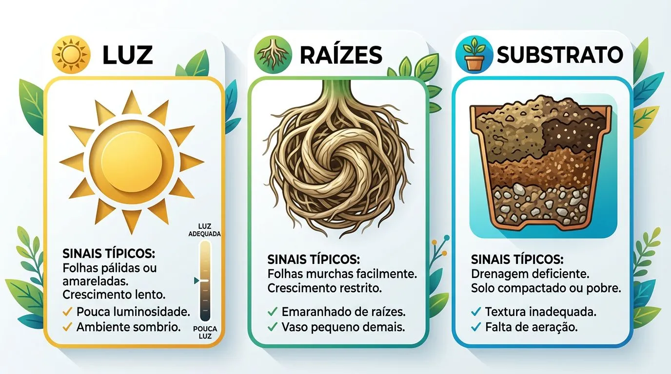 Infográfico com três blocos comparando sinais de falta ou excesso de luz, raízes apertadas e substrato ruim, com checklist de teste rápido.