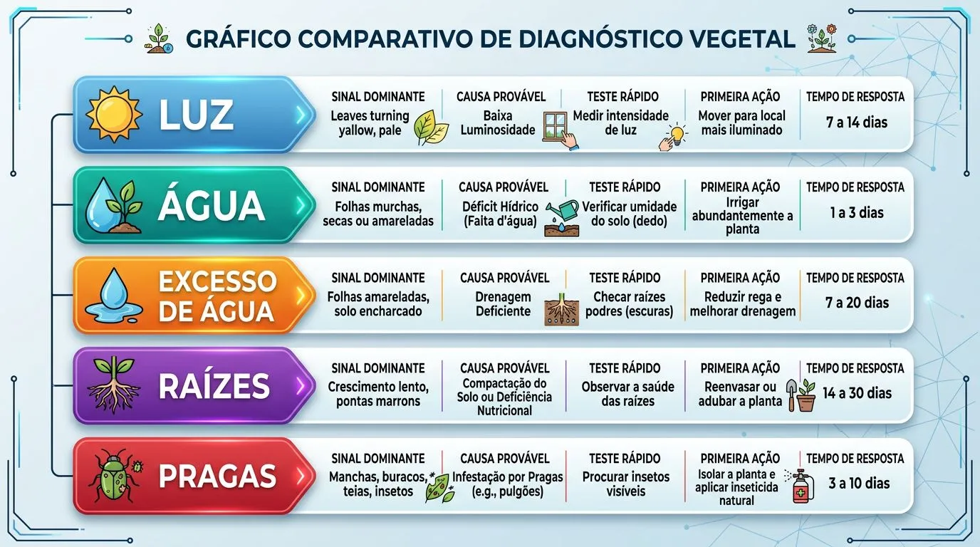 Gráfico comparativo com cartões para diagnosticar causa dominante do travamento de crescimento e indicar a primeira ação e o tempo de resposta.
