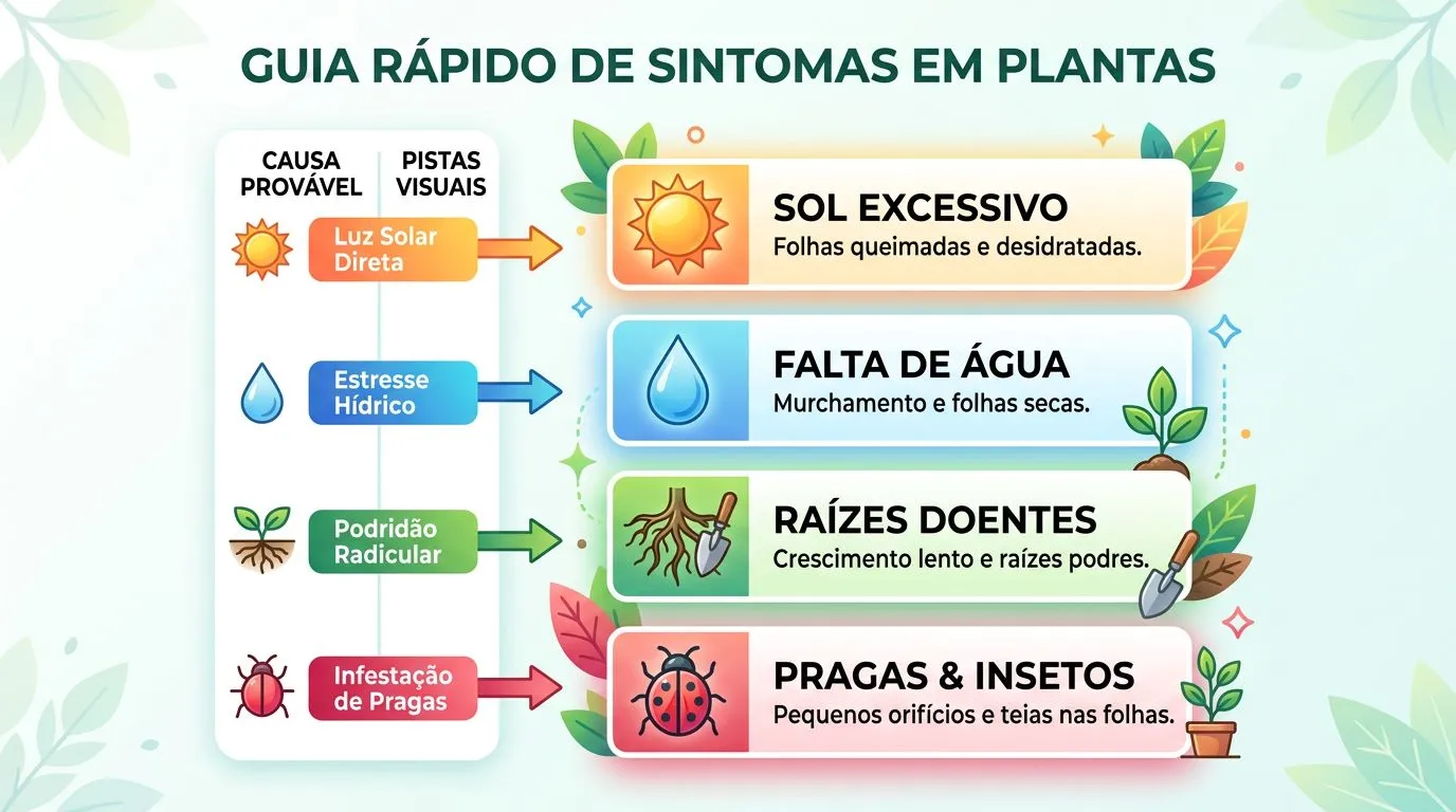 Infográfico com ícones e rótulos mostrando causas prováveis e pistas visuais de folhas novas pequenas.