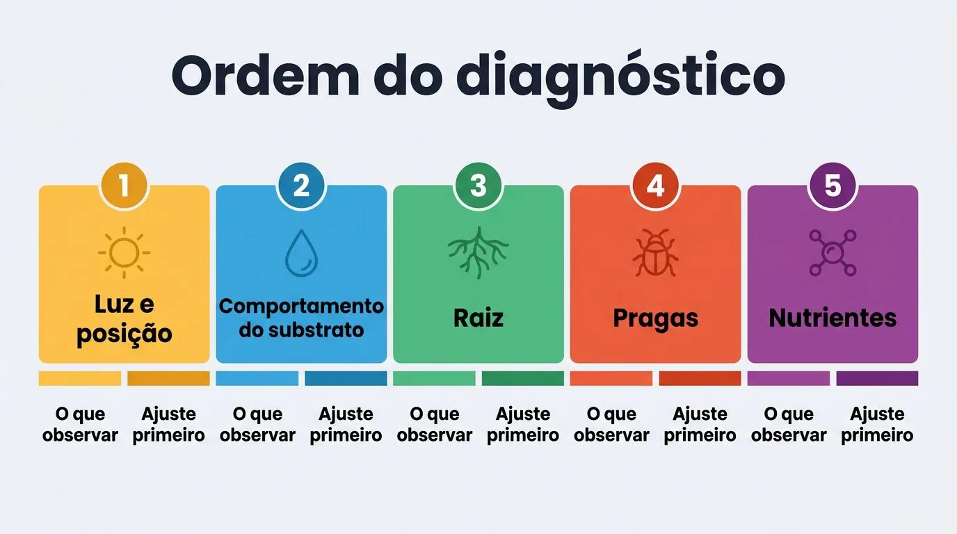 Diagrama comparativo com etapas numeradas para diagnosticar folhas novas pequenas, na ordem ambiente, rega, raízes, pragas e nutrientes.