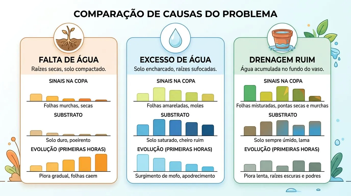 Comparativo visual para diferenciar choque de transplante, falta de água e excesso de rega pela copa e pelo substrato.