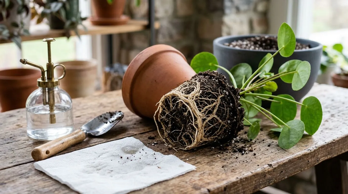Raízes e substrato de uma planta recém-replantada sendo avaliados após a troca de vaso.