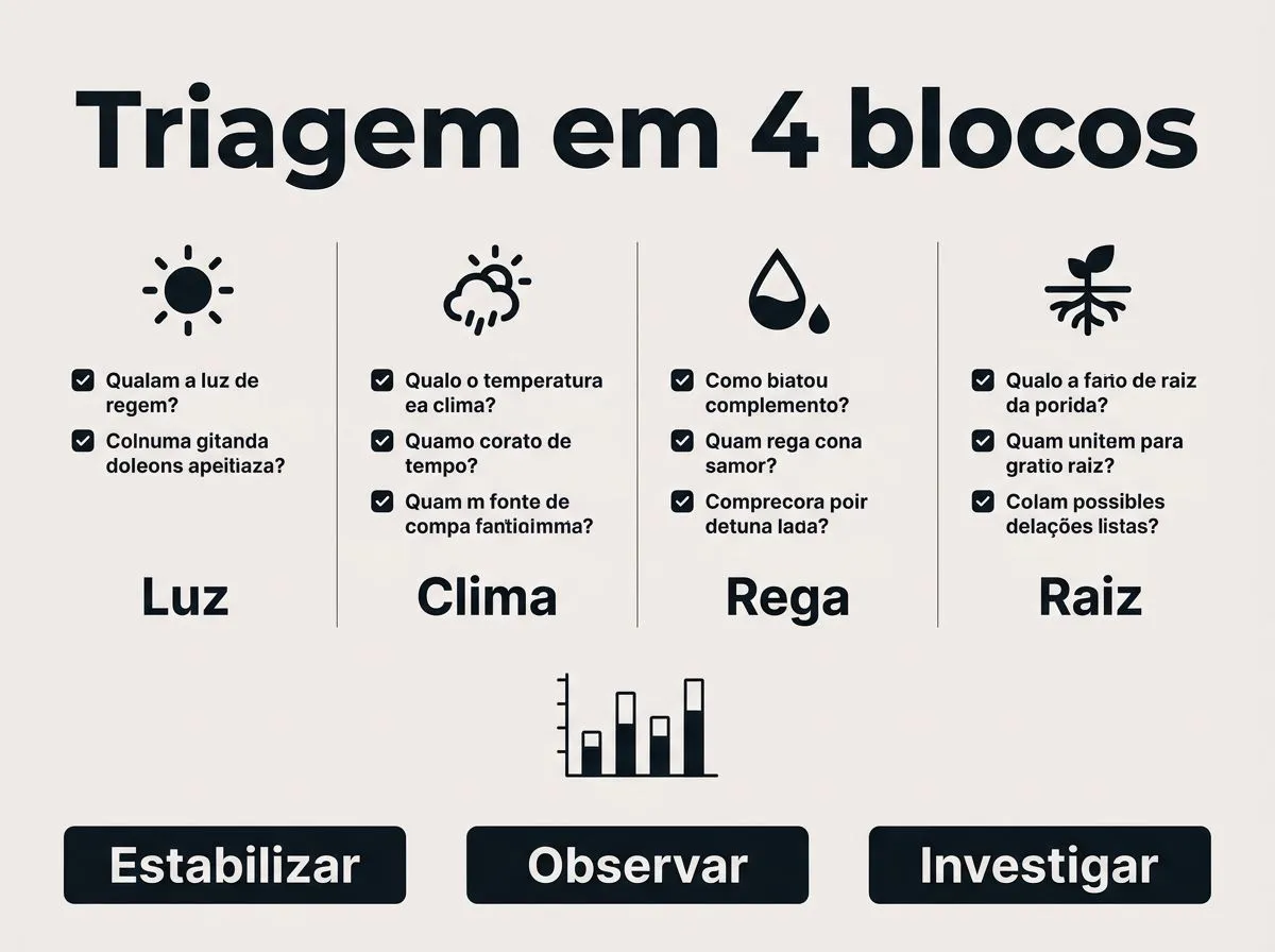 Checklist em infográfico para triagem: luz, clima, rega e raiz, com orientação de estabilizar, observar ou investigar.