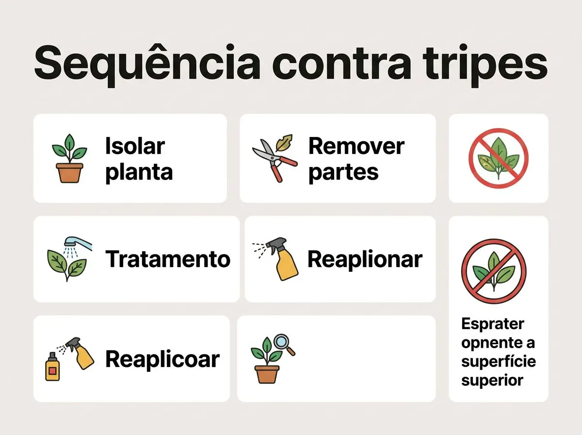 Infográfico com sequência prática para eliminar tripes em plantas em casa e reduzir a chance de reinfestação