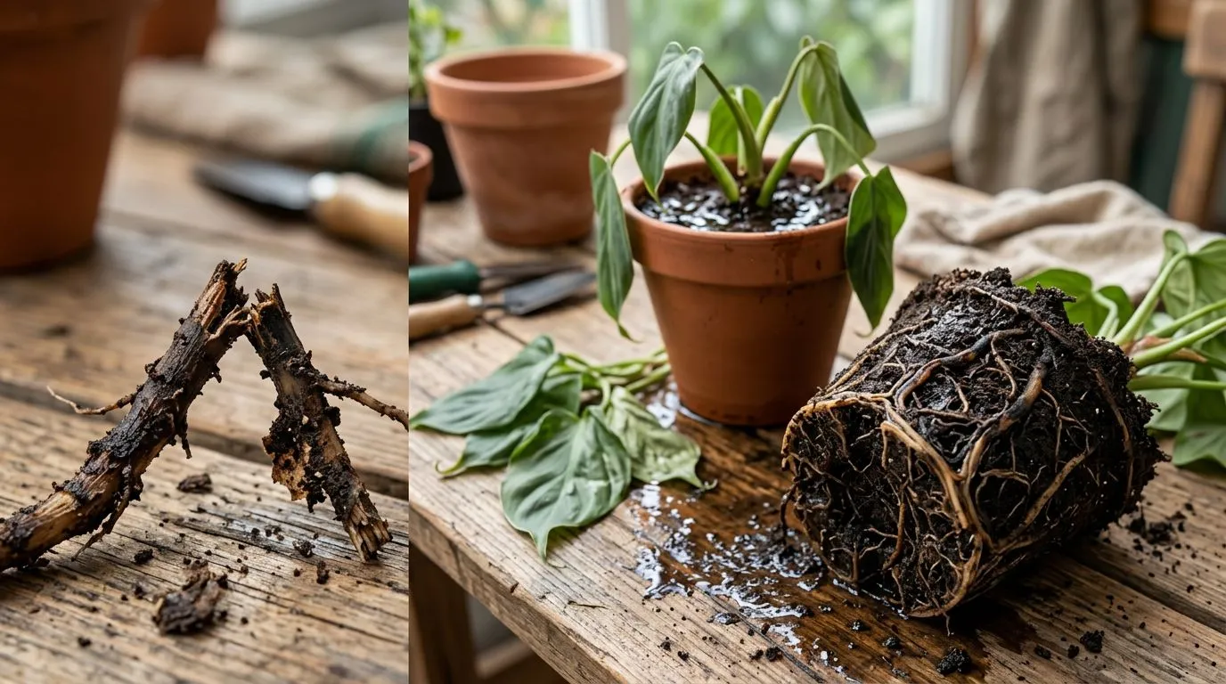 Folhas murchas, substrato encharcado e raízes escuras e amolecidas como sinais de podridão radicular.