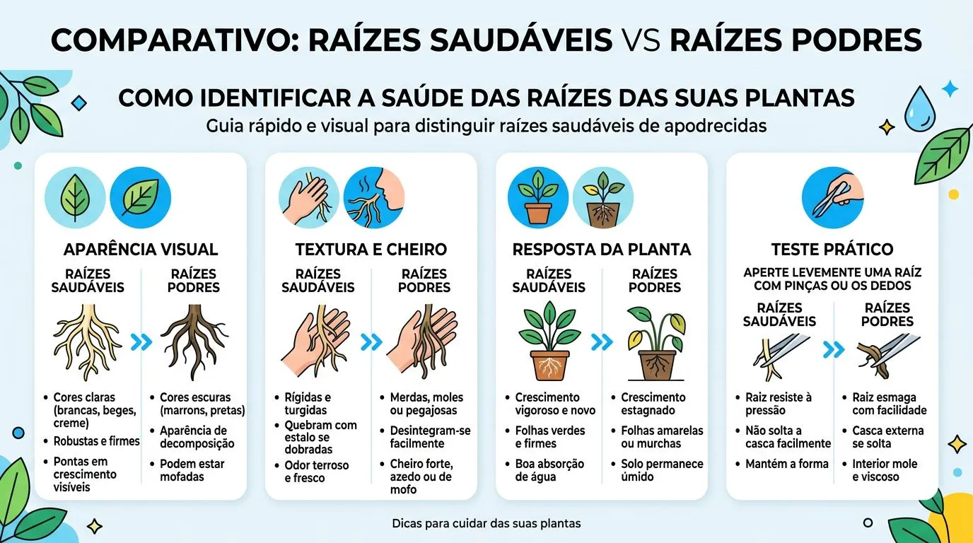 Comparação visual entre raiz saudável e raiz podre, considerando aparência, textura, cheiro e resposta da planta.