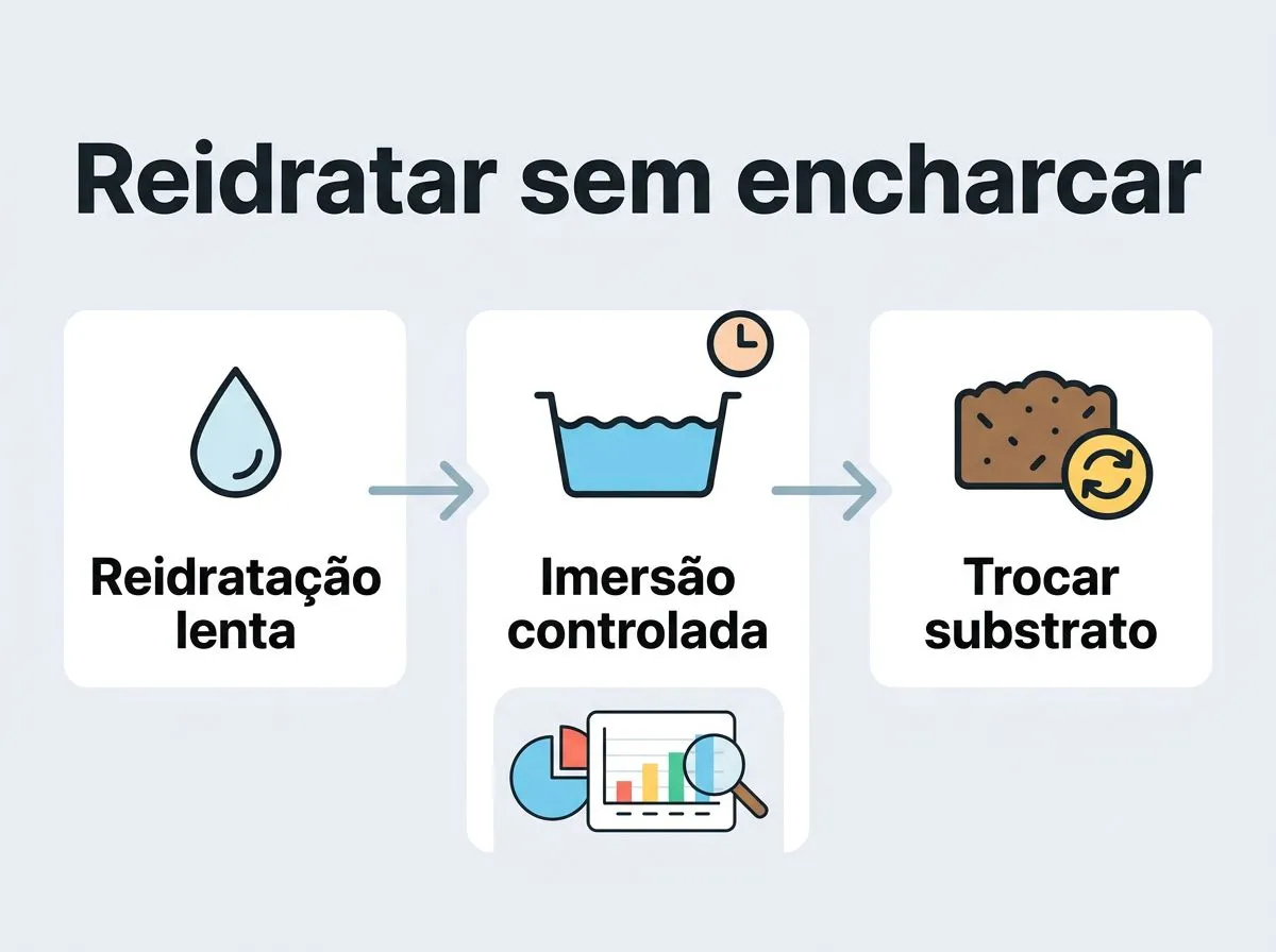 Infográfico com etapas para reidratar lentamente, usar imersão e decidir quando trocar o substrato.